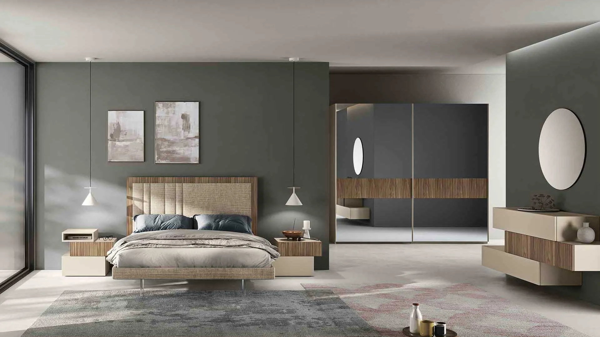 Letto imbottito Bepop Euro Design con boiserie in noce rigato