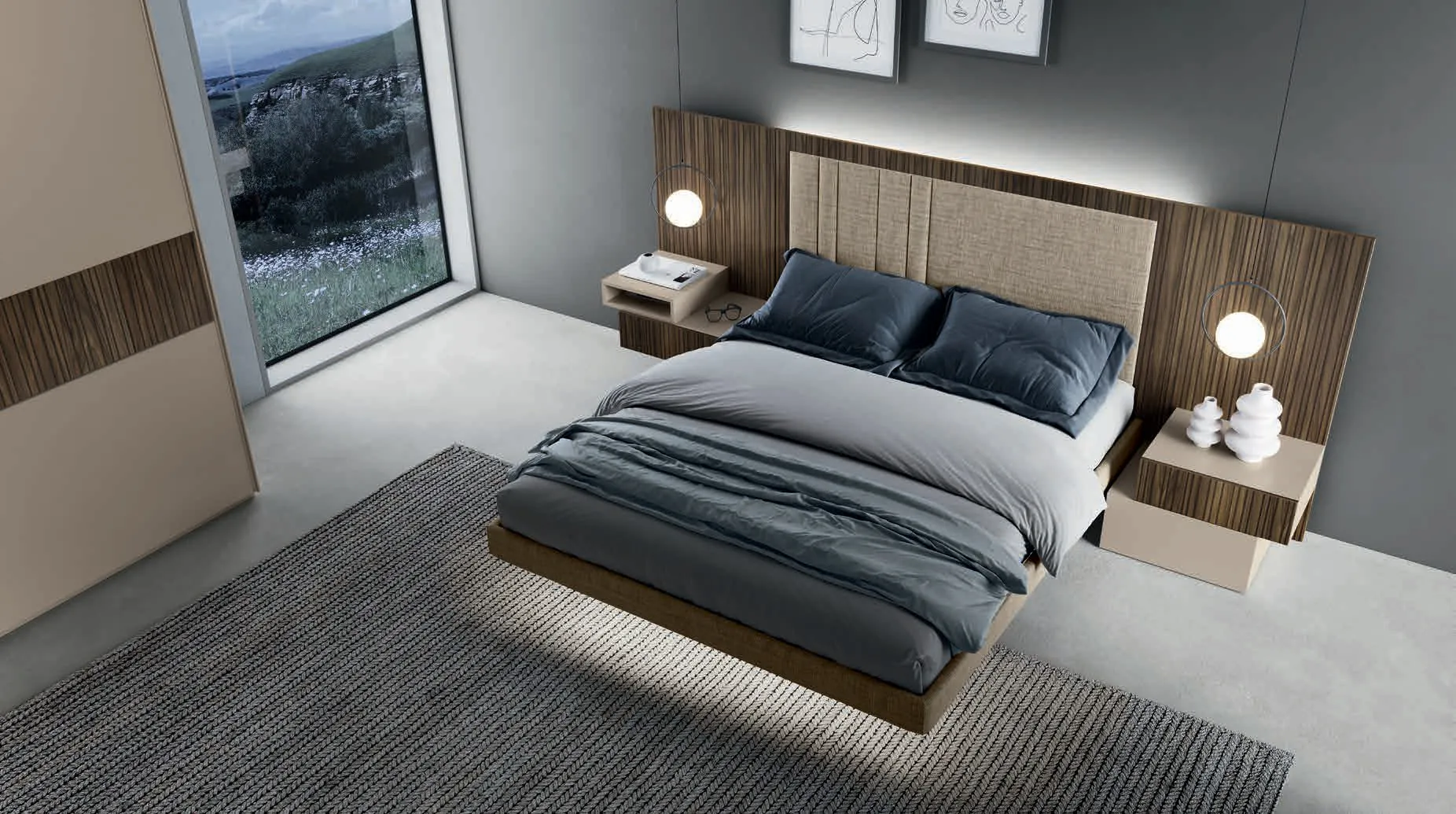 Letto Bepop Euro Design con boiserie in noce e luce LED sotto il giroletto