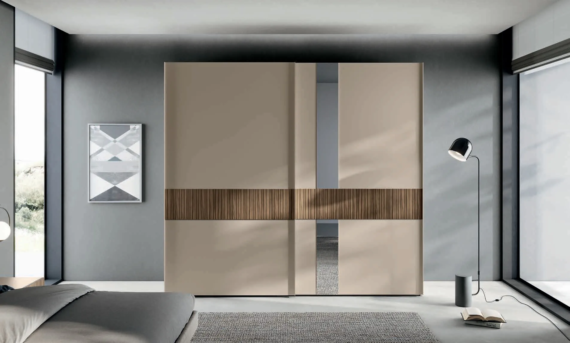 Armadio Bepop Euro Design beige con fascia in vetro effetto noce rigato