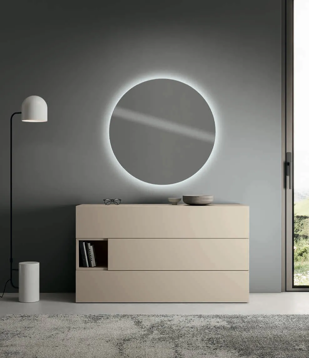Comò Bepop Euro Design beige con specchio tondo retroilluminato
