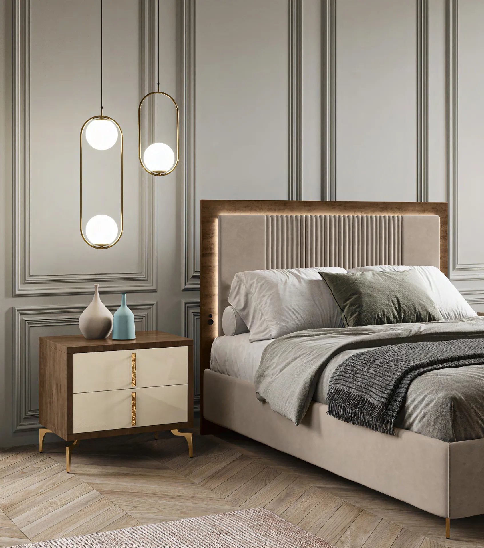 Letto imbottito Tiffany Euro Design con cornice bronzo e comodino tortora