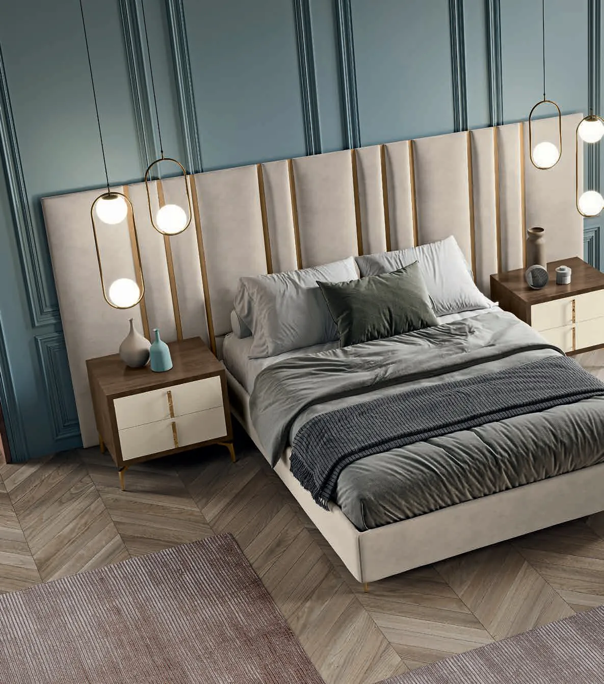 Letto Tiffany Euro Design con testiera maxi in velluto beige e comodini