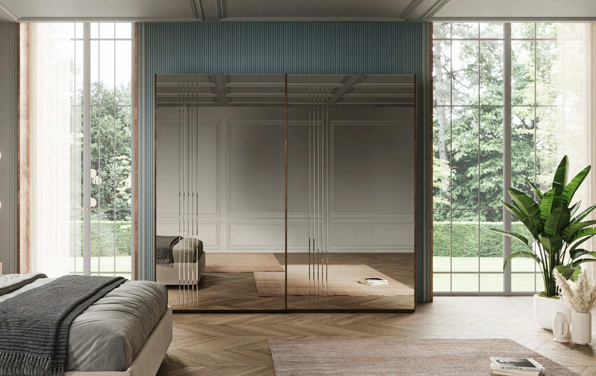 Armadio Tiffany Euro Design a specchio in camera con piante e finestra