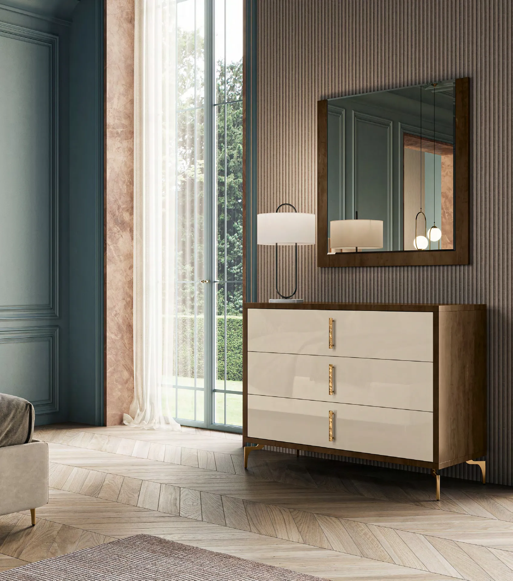 Comò Tiffany Euro Design tortora lucido con maniglie oro e specchiera bronzo