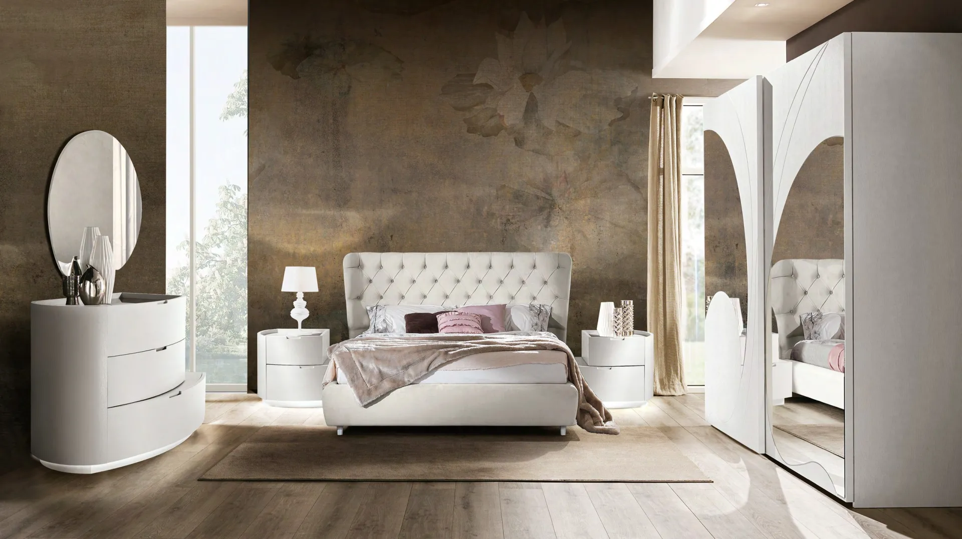 Camera da letto Dolcevita Euro Design composizione 155 con letto Viola bianco e armadio a specchio