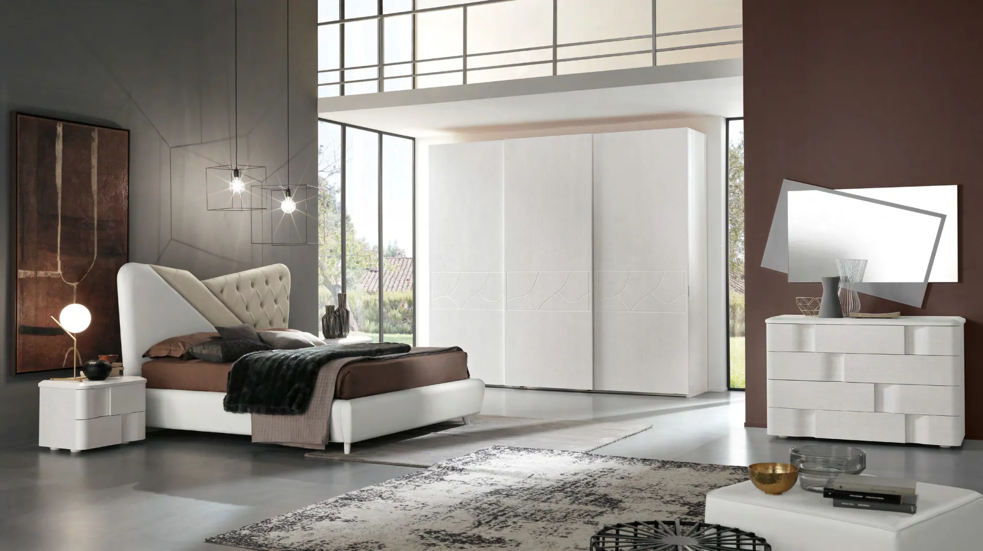 Camera Levante Euro Design composizione 109 con letto capitonné e armadio inciso