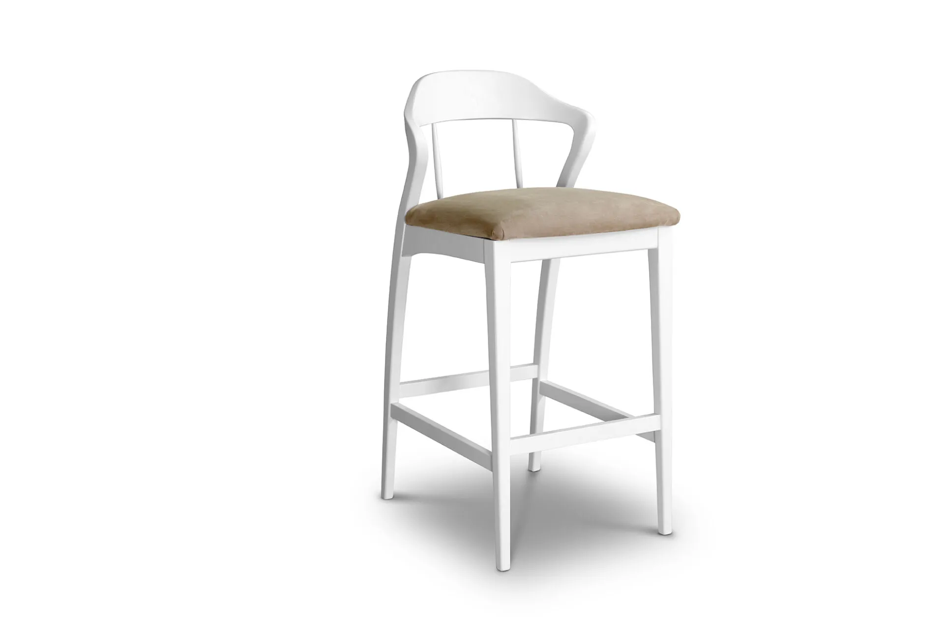 Sgabello alto Tosato 51.15 in faggio bianco con seduta in velluto beige, vista di tre quarti