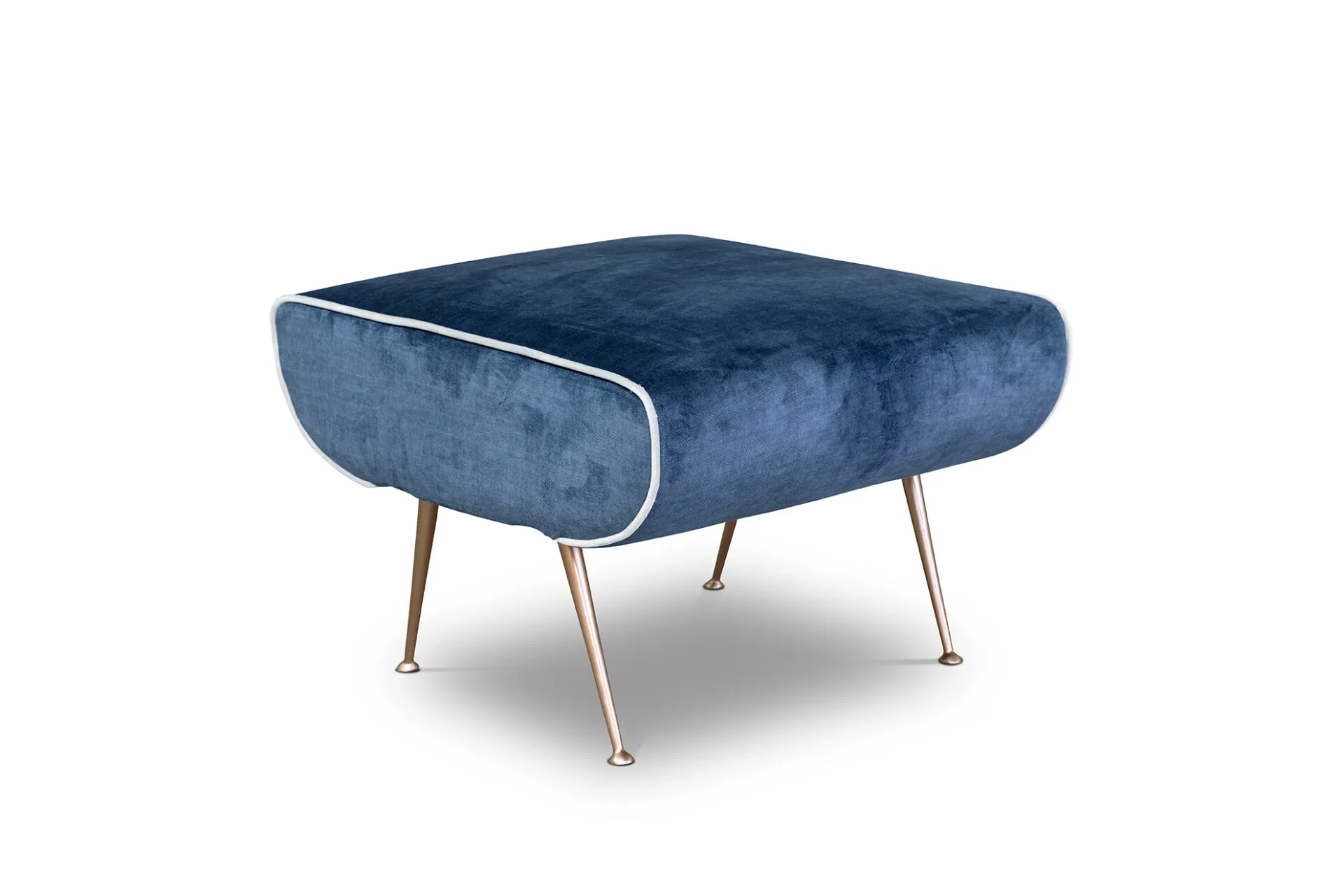 Pouf Tosato 51.14 in velluto azzurro con cordoncino bianco e gambe in metallo bronzo