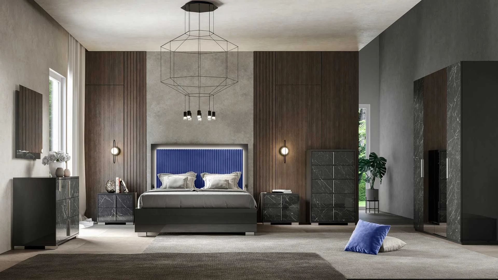 Camera da letto Sky Euro Design grigio lucido con letto blu e LED
