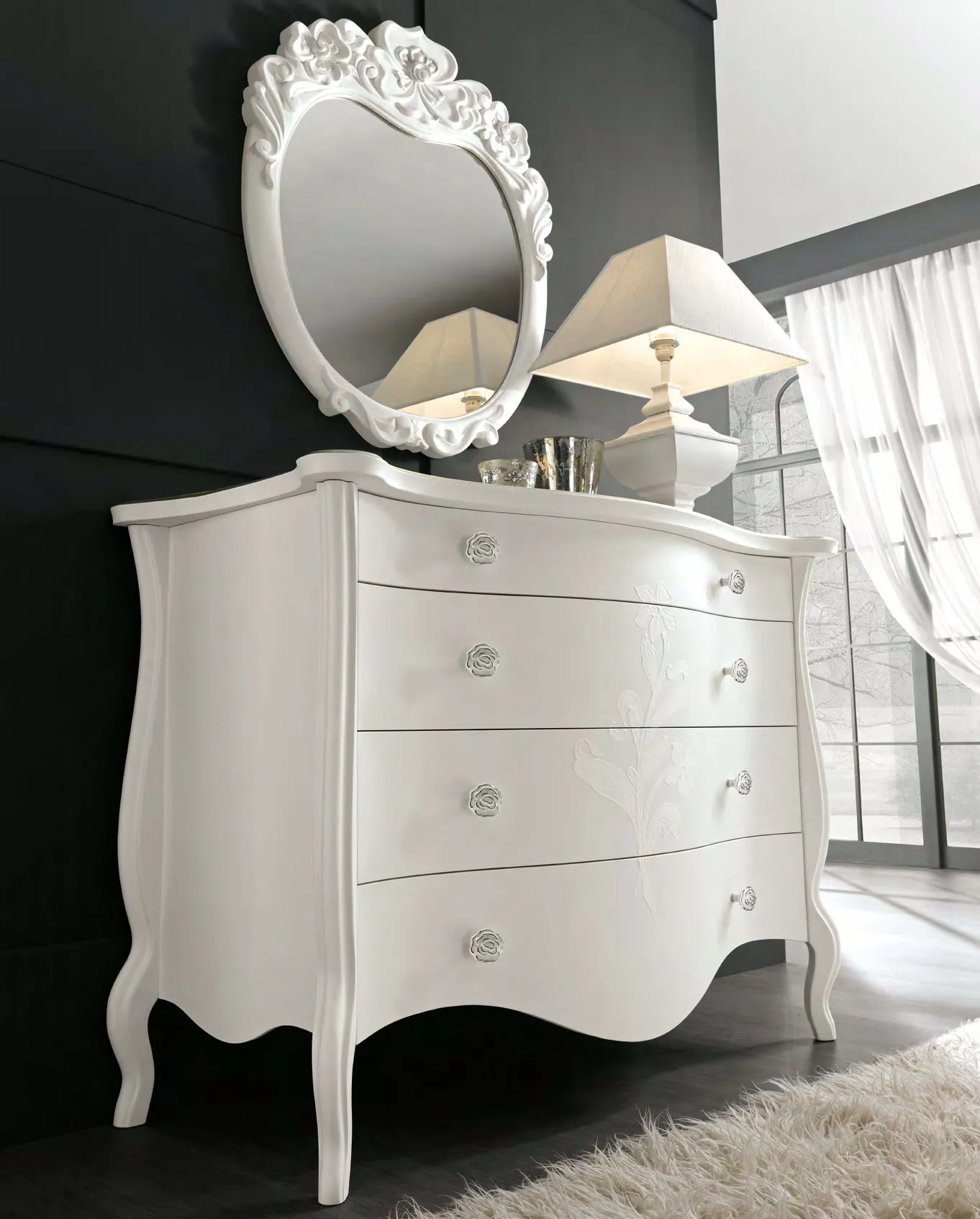 Comò Leopardi Euro Design laccato bianco con specchiera Medea