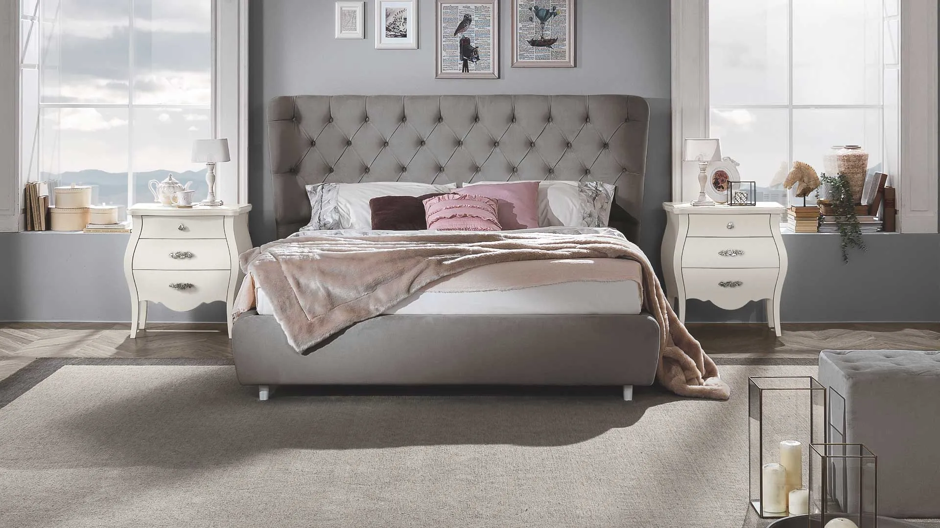 Letto imbottito Viola Euro Design con testiera trapuntata in camera