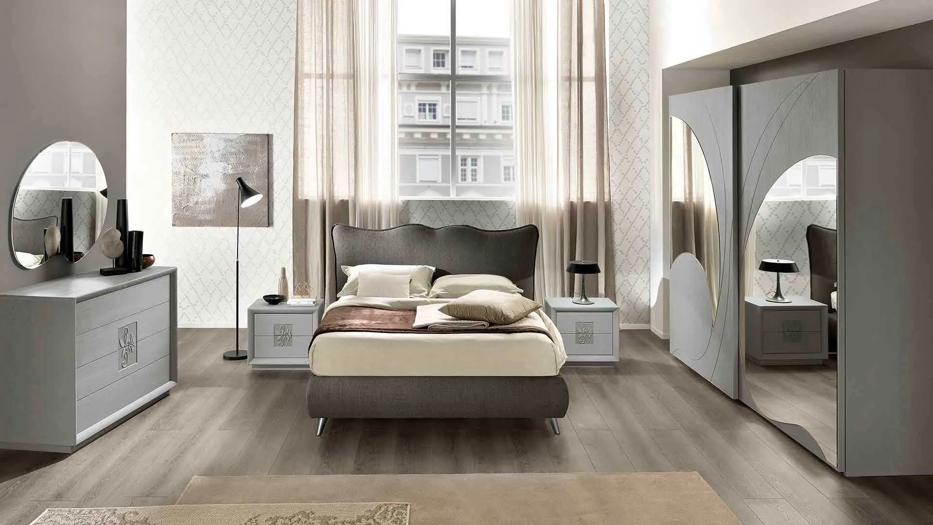 Letto imbottito Queen liscio Euro Design in tessuto grigio