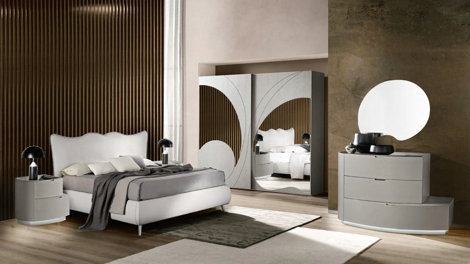 Letto Queen liscio Euro Design in ecopelle bianca con trittico Dolcevita grey