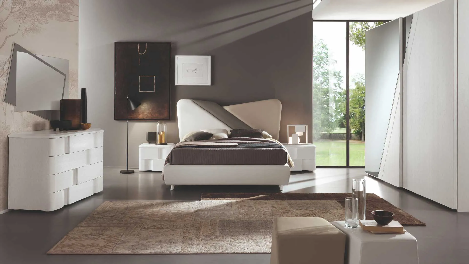 Letto imbottito Levante liscio Euro Design bianco, grigio e tortora