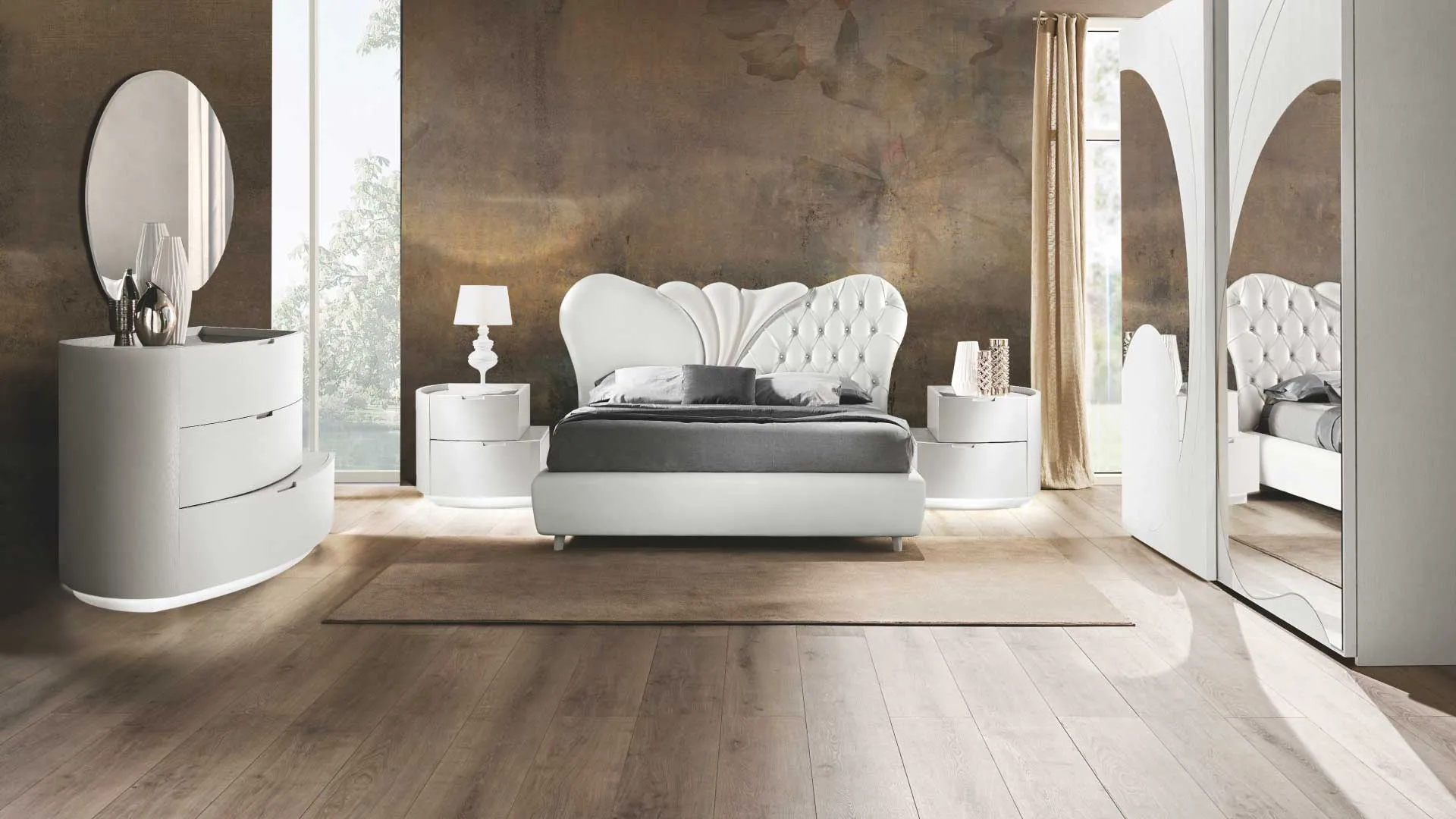 Letto imbottito Fiocco Euro Design bianco con fregio capitonné