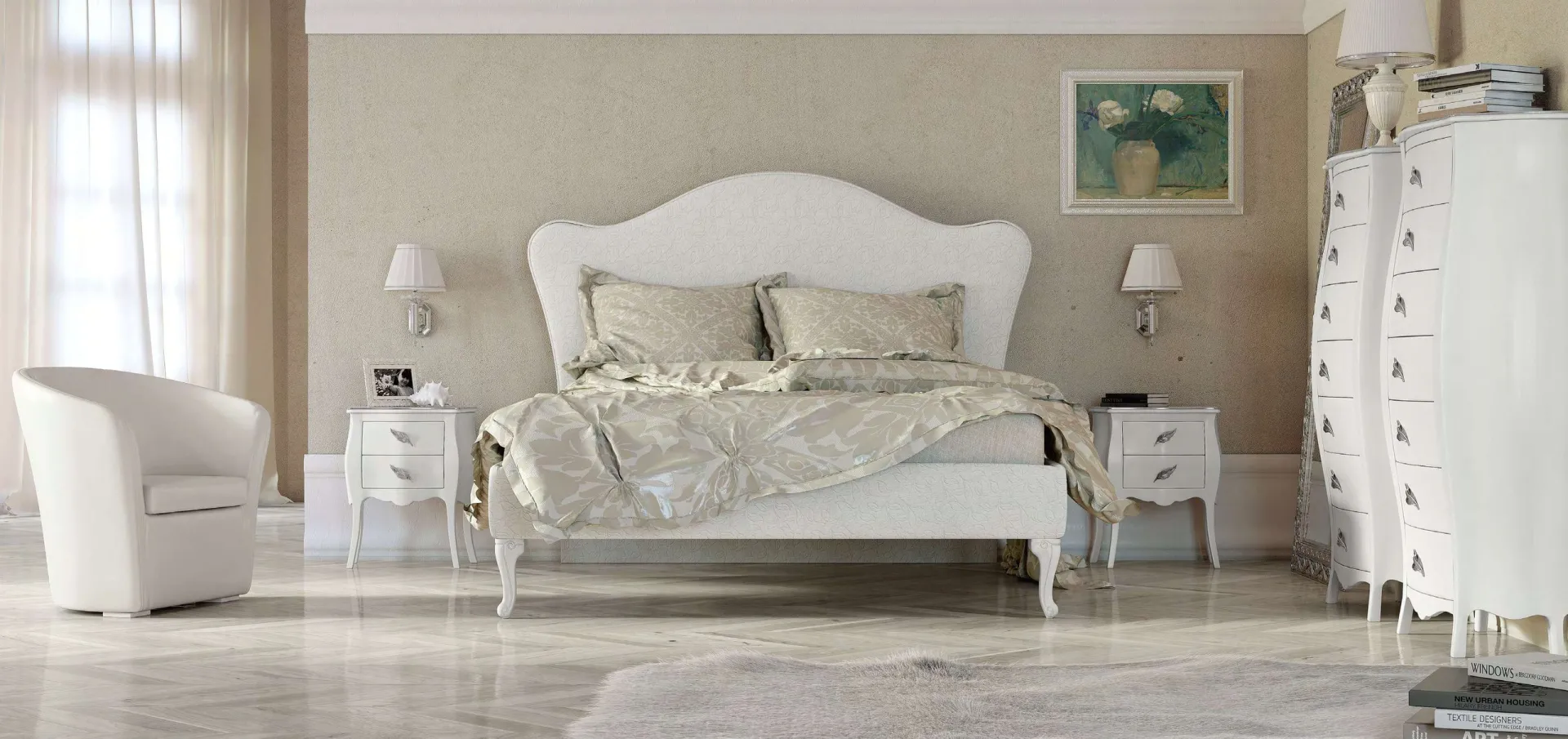 Letto Ingrid Euro Design in tessuto a fiori con poltrona