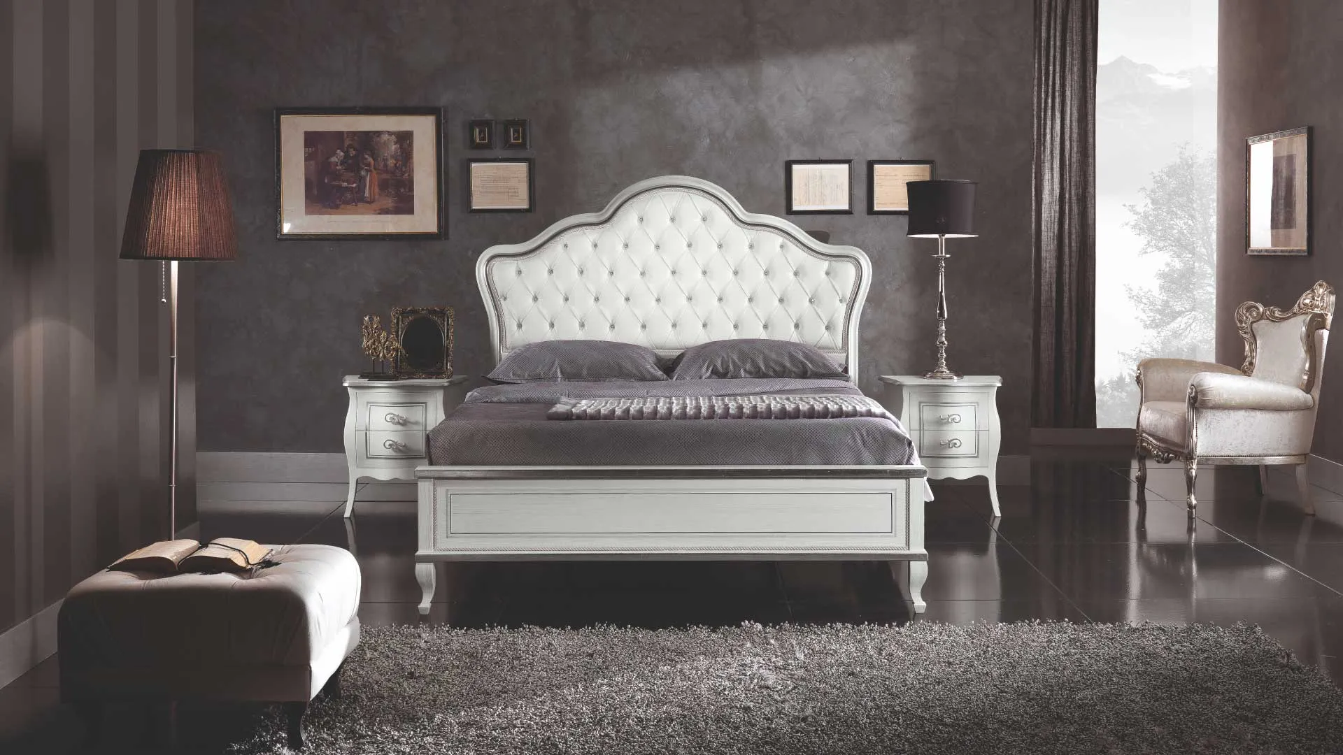 Letto Enea Euro Design in legno patinato bianco con inserti argento