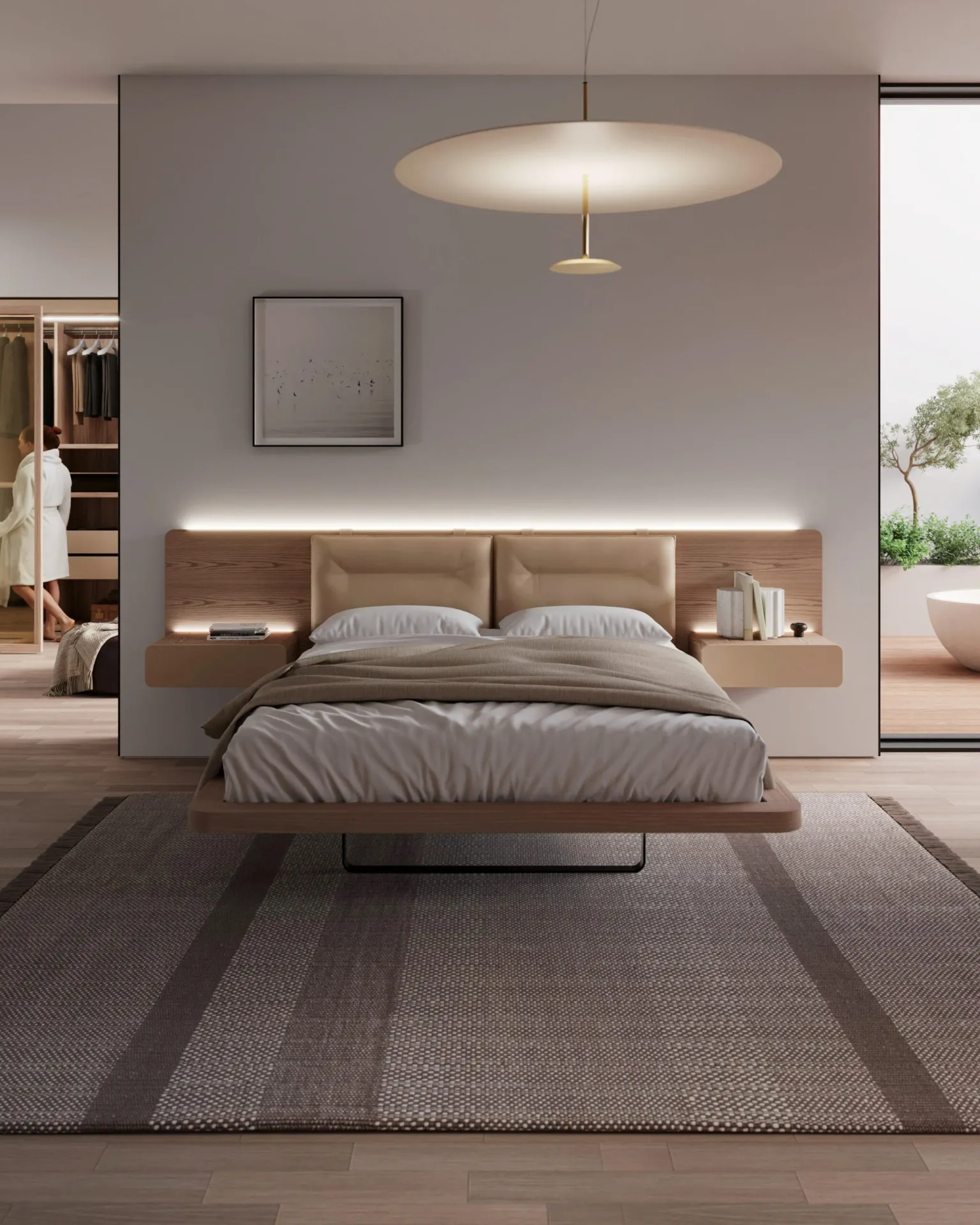 Letto Charlie Fazzini in frassino con due cuscini beige e comodini sospesi, visto di fronte