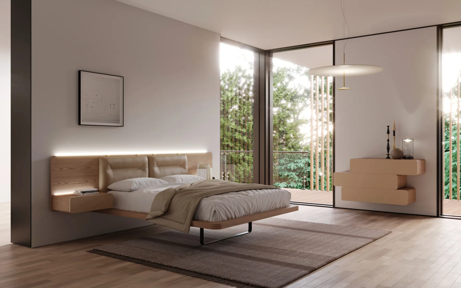 Camera con letto Charlie Fazzini, testata illuminata e cassettone sospeso sullo sfondo