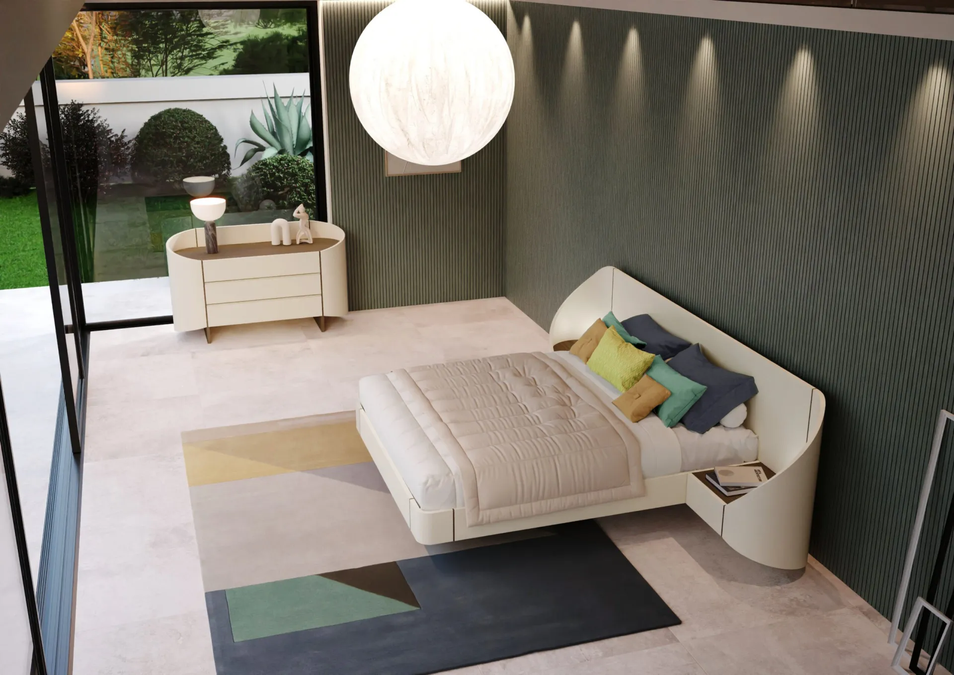 Letto Renè Fazzini laccato color avorio in una camera con parete verde