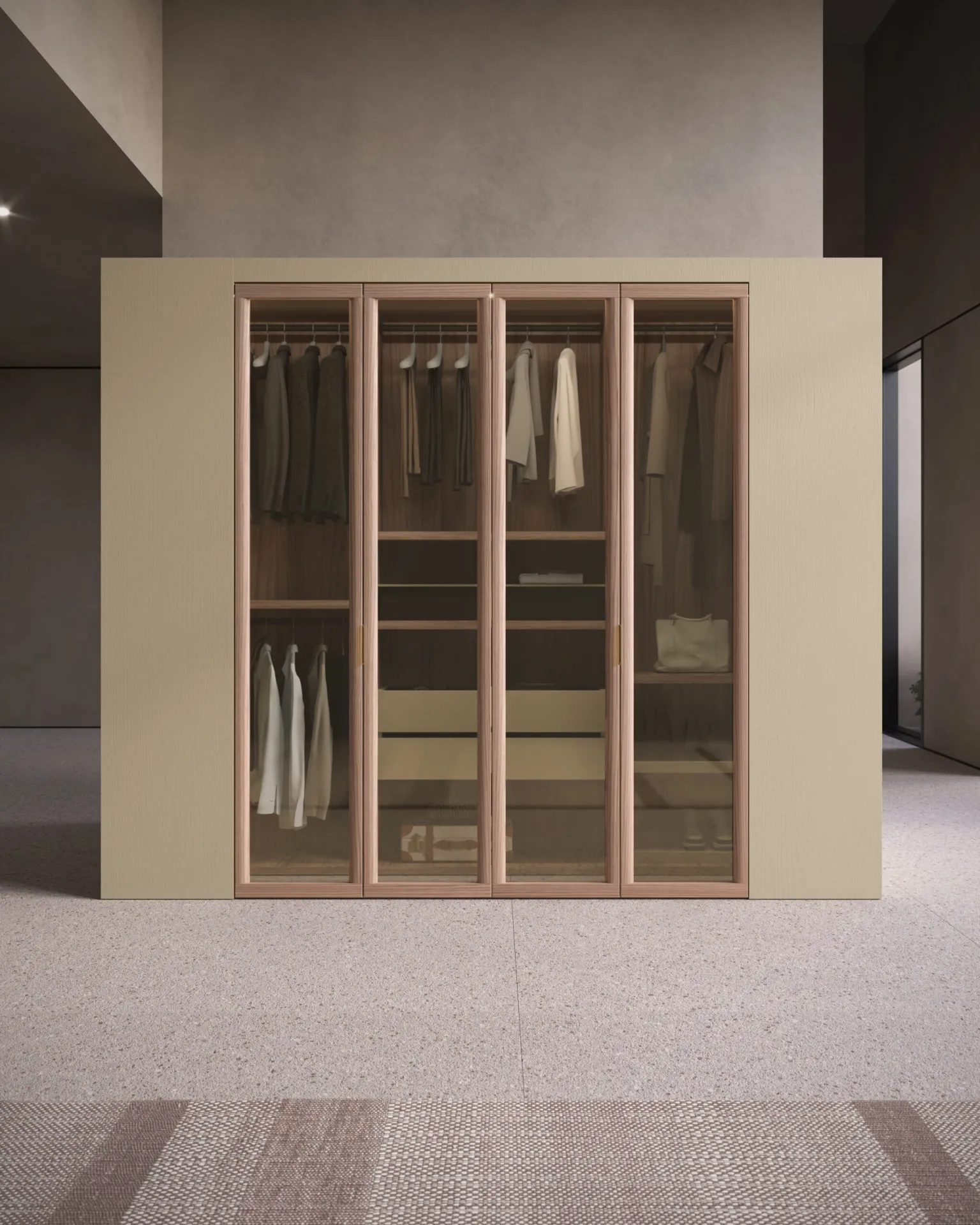 Cabina armadio Hermes Fazzini chiusa, con quattro ante in vetro bronzo e telaio in frassino