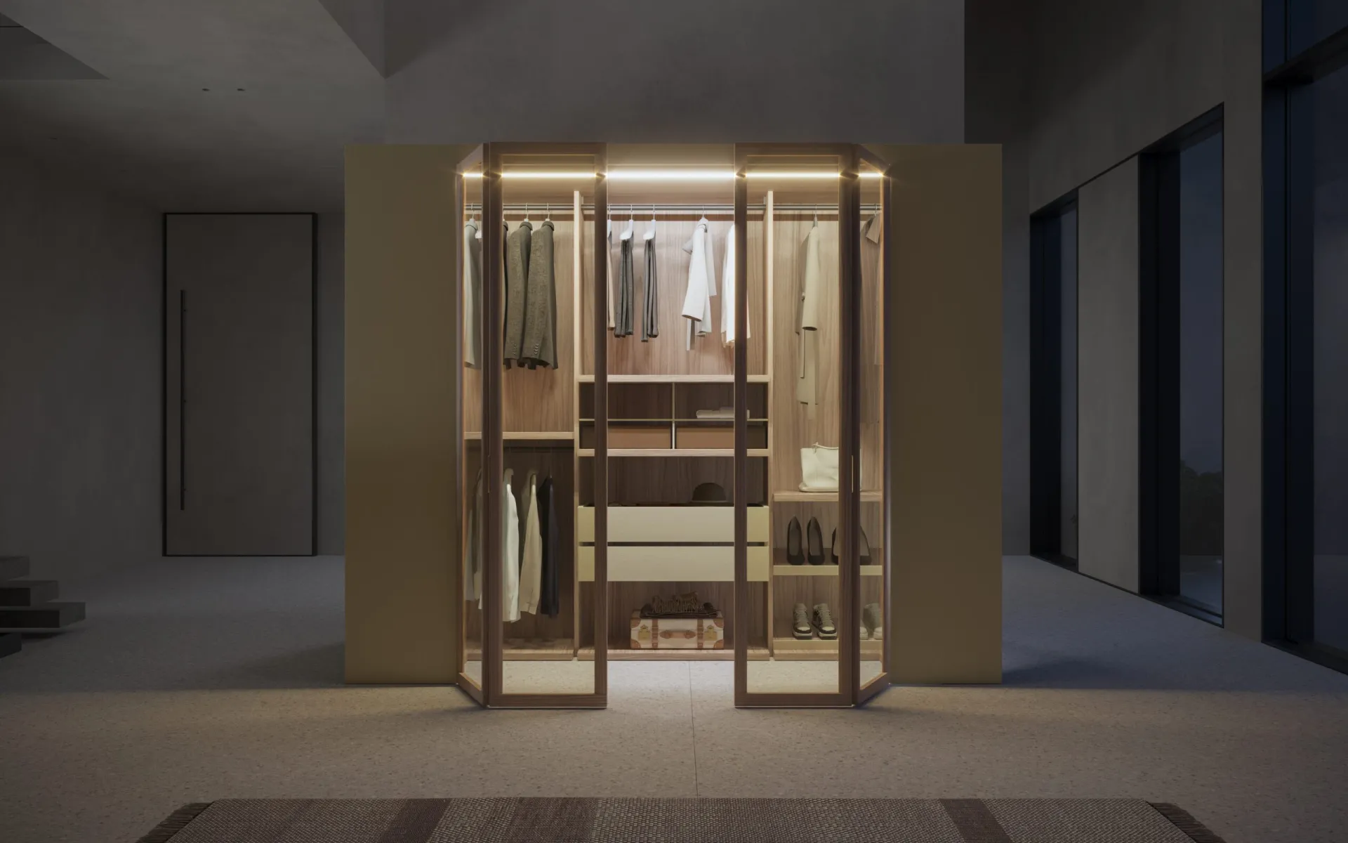 Cabina armadio Hermes Fazzini aperta e illuminata, vista di fronte