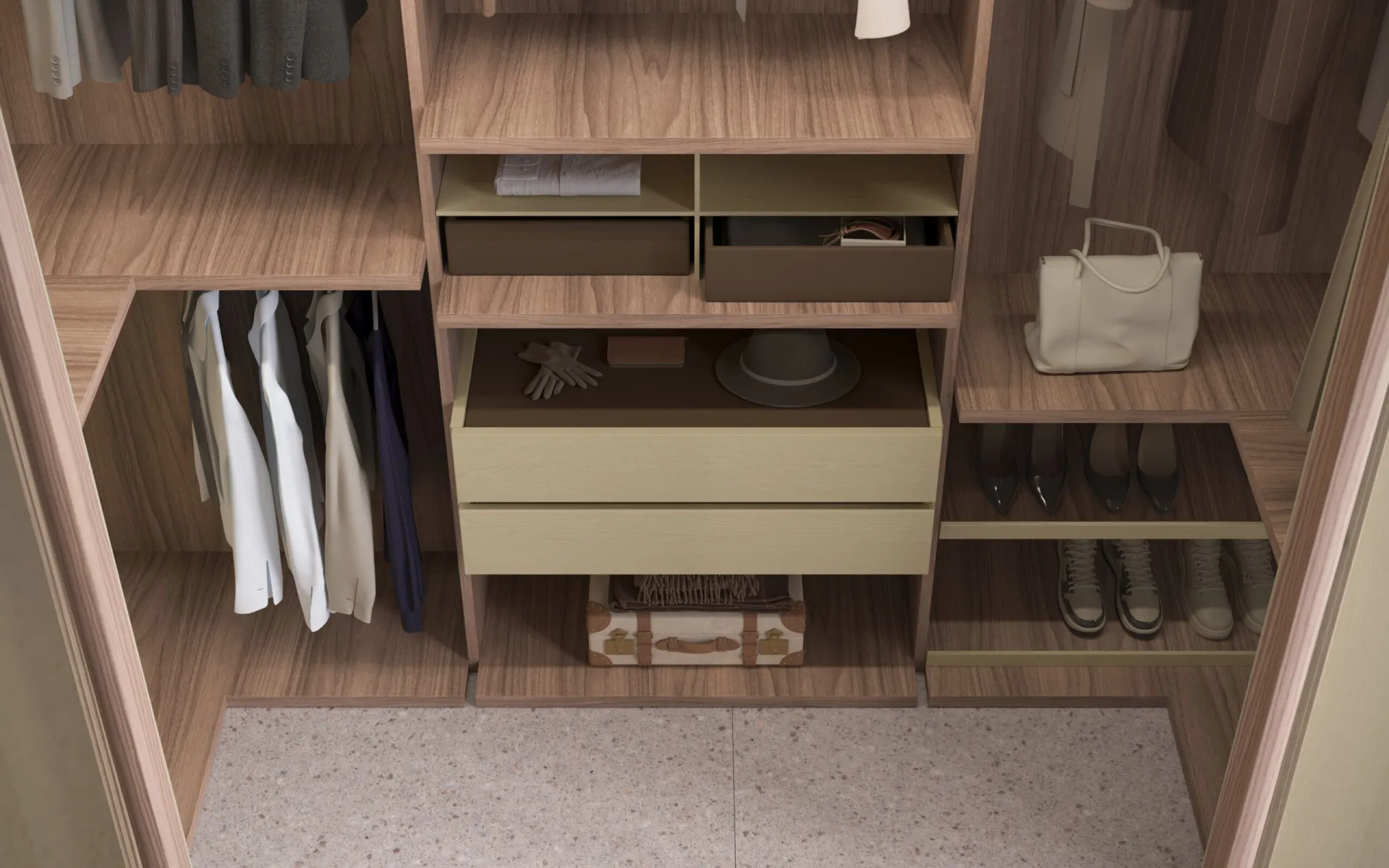 Interno della cabina armadio Hermes Fazzini con cassetti, ripiani e scarpiera