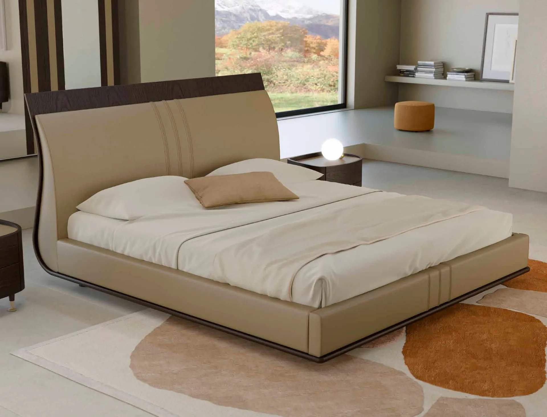 Letto Fred Fazzini visto di lato, con la curva della testata in legno scuro