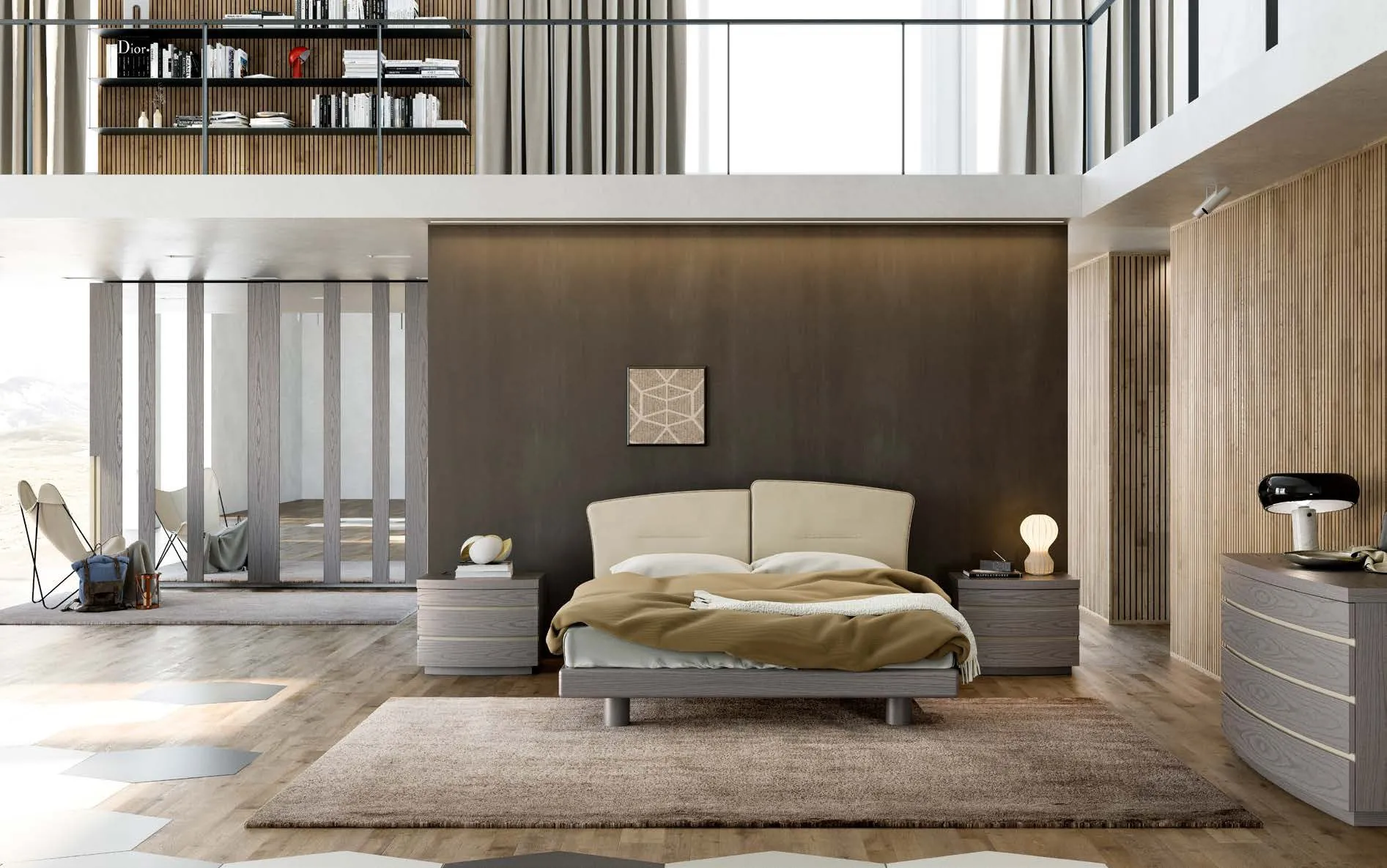 Camera con letto Insieme Fazzini in grigio polvere, cuscini cream e contenitori Oriente