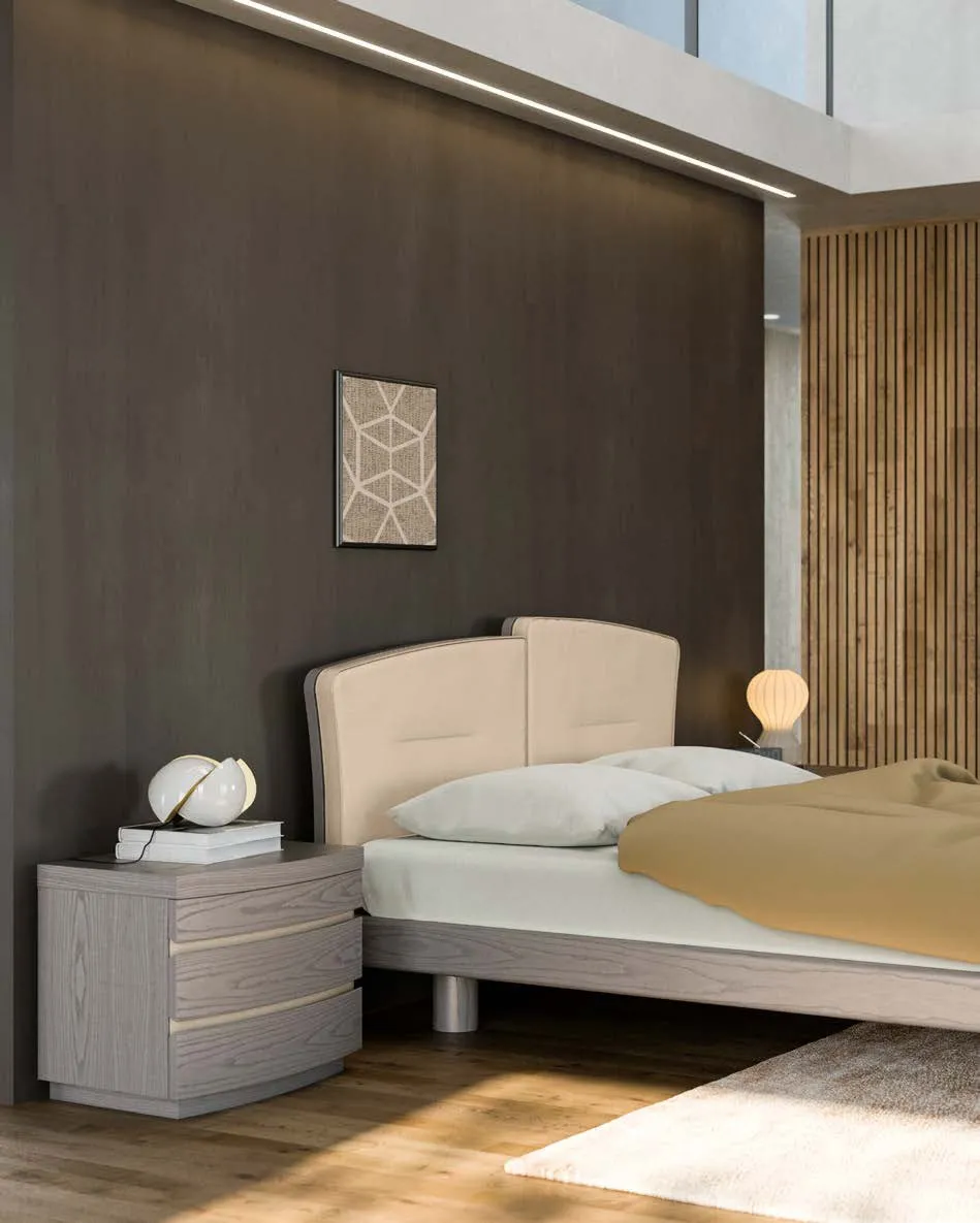 Letto Insieme Fazzini con testata a due cuscini e comodino Oriente accanto