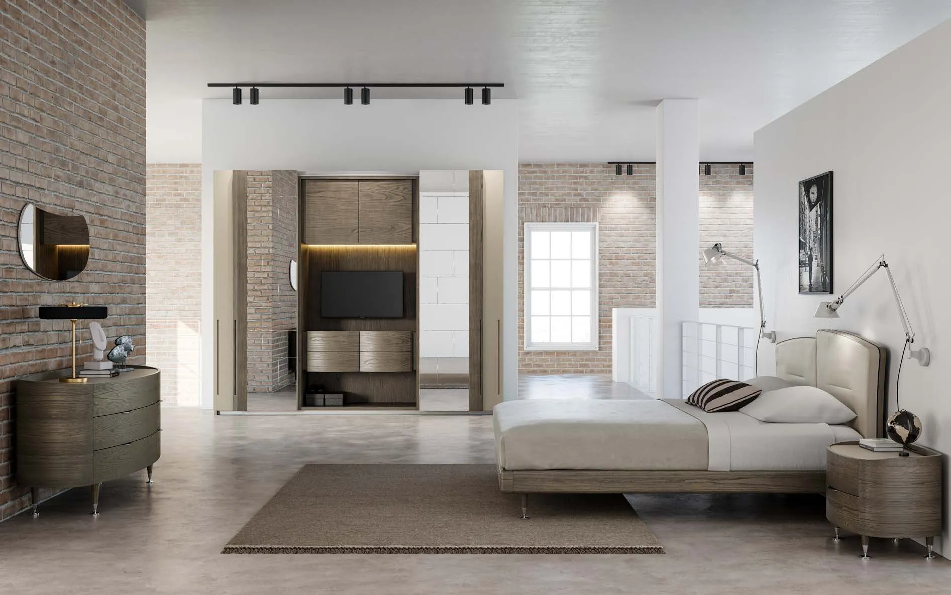 Camera con letto Insieme Luxury Fazzini, contenitori Ginevra e armadio sullo sfondo