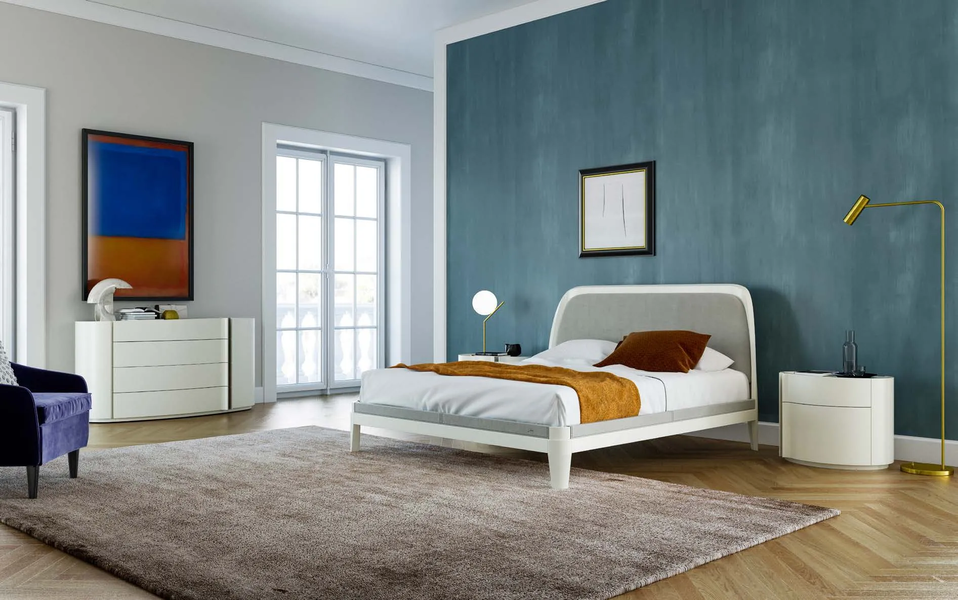 Camera con letto Jacqueline Fazzini laccato bianco segnale, comodino e cassettone della serie