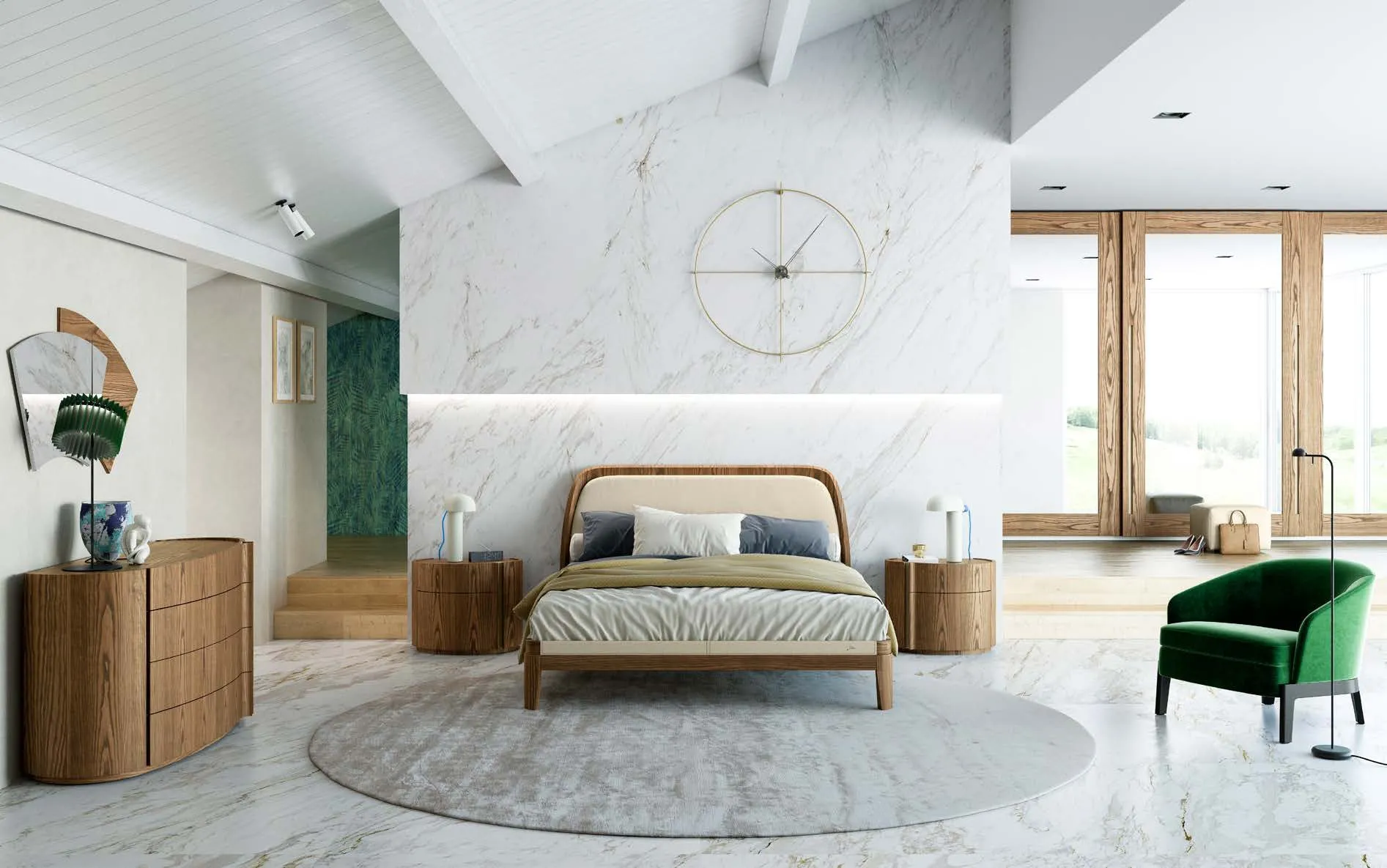 Letto Jacqueline Fazzini in frassino tabacco con cuscino off white in una camera con marmo