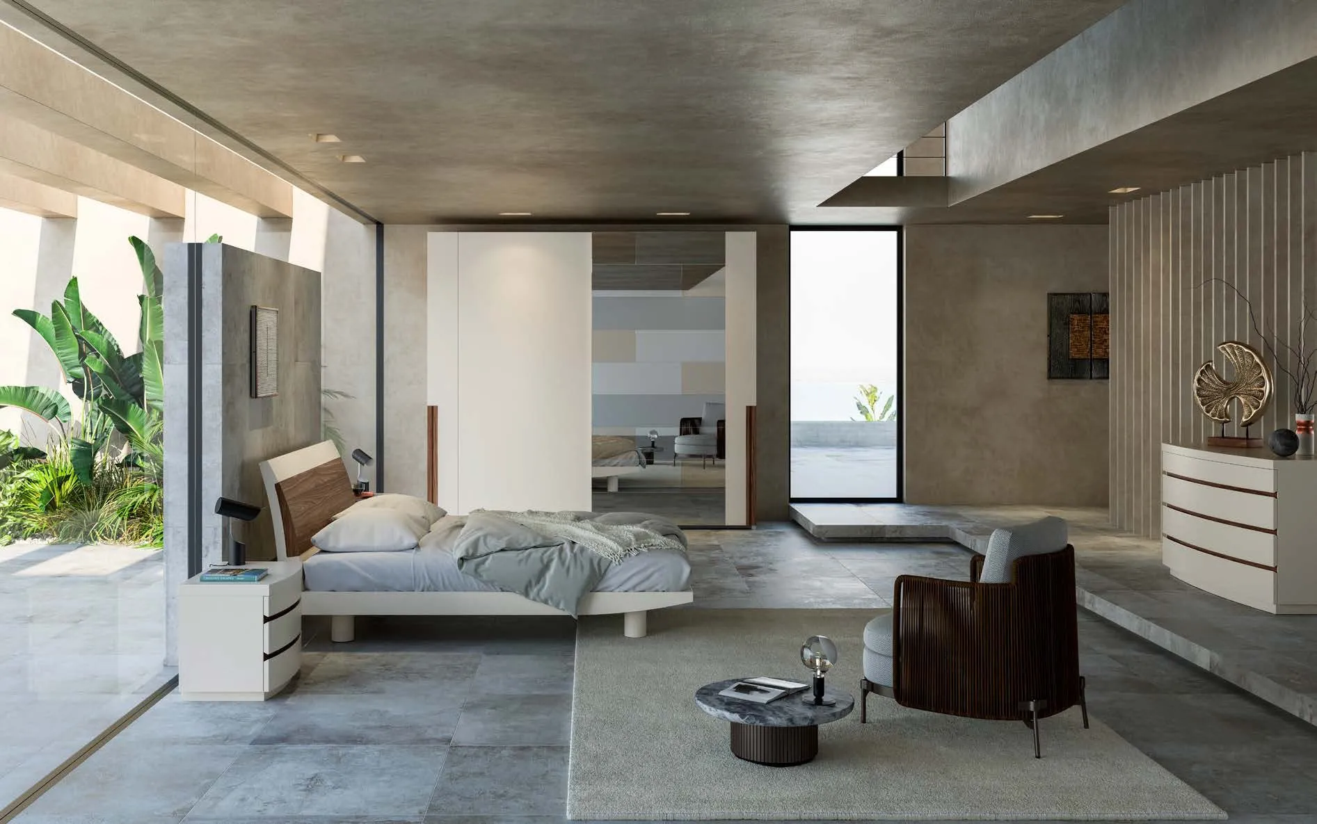 Camera con letto Lekurve Fazzini magnolia e noce canaletto, comodino e cassettone Oriente