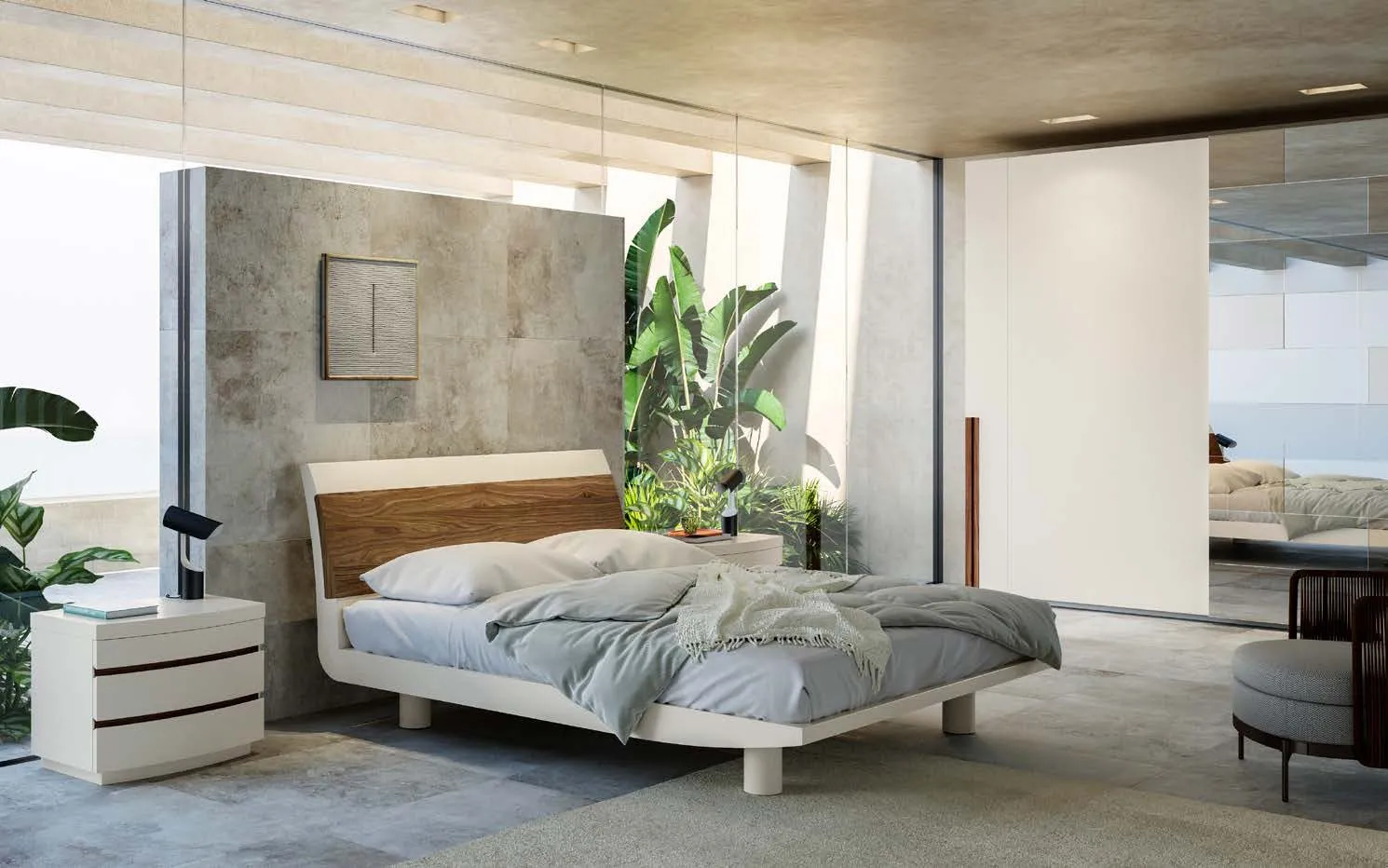 Letto Lekurve Fazzini laccato magnolia con testiera in noce canaletto, di tre quarti