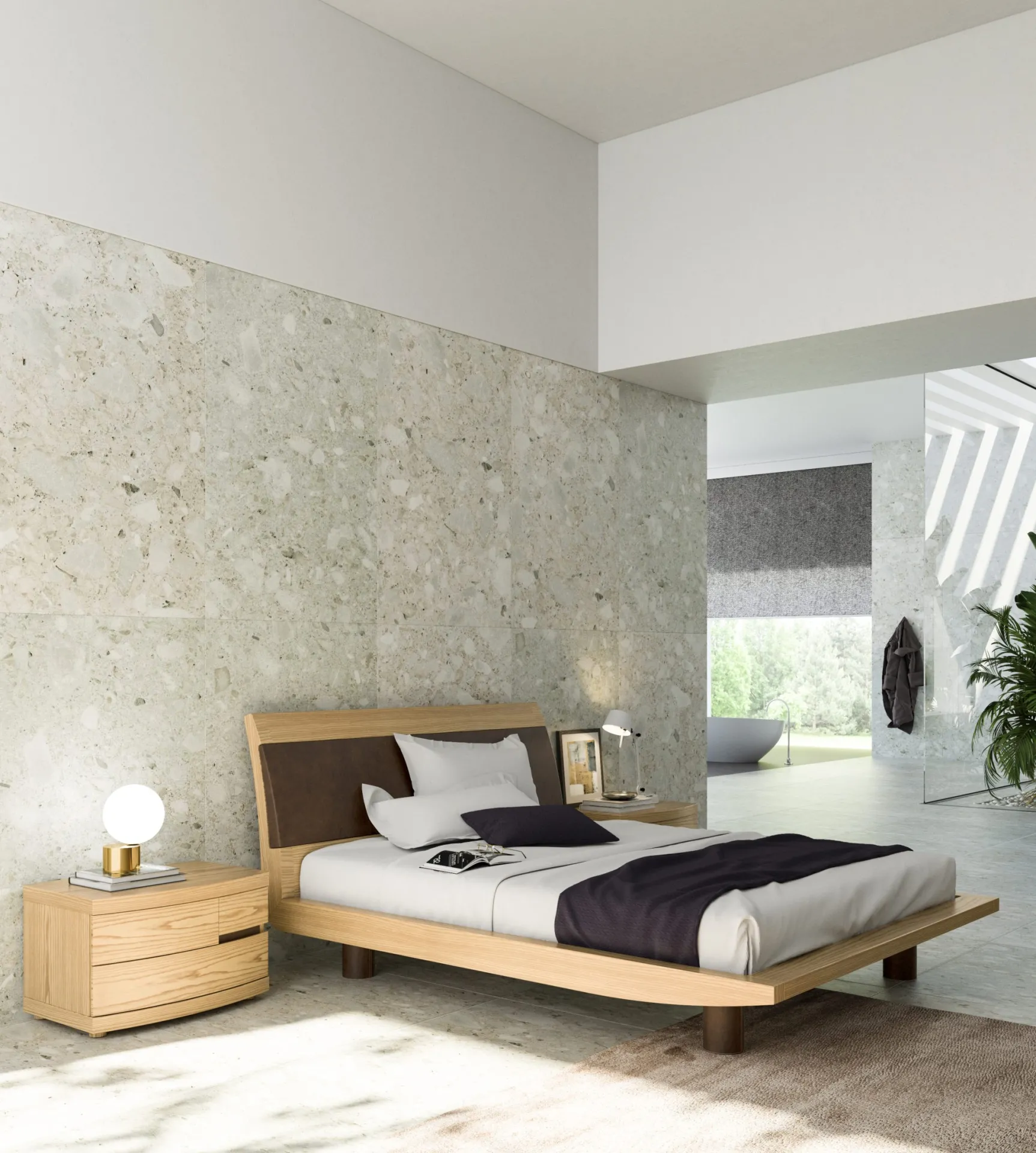 Letto Lekurve Fazzini in frassino naturale con inserto scuro in una camera con parete in pietra