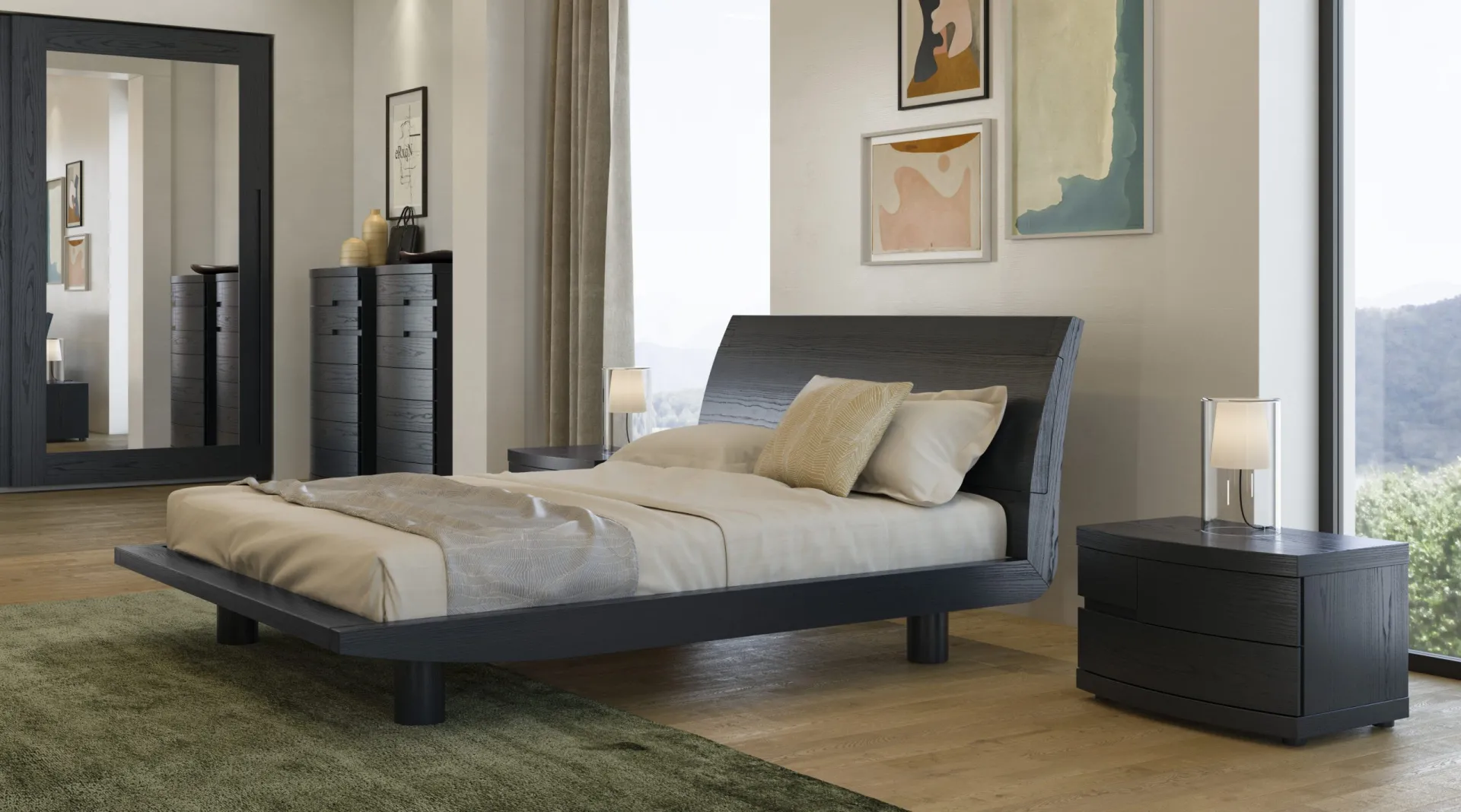 Letto Lekurve Fazzini in frassino tinto nero con comodino della stessa tinta