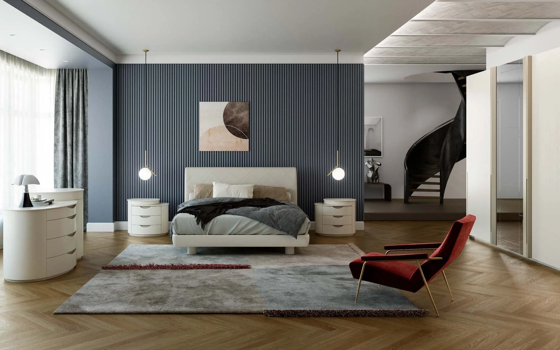 Camera con letto Marilyn Fazzini laccato bianco e testata rivestita in pelle