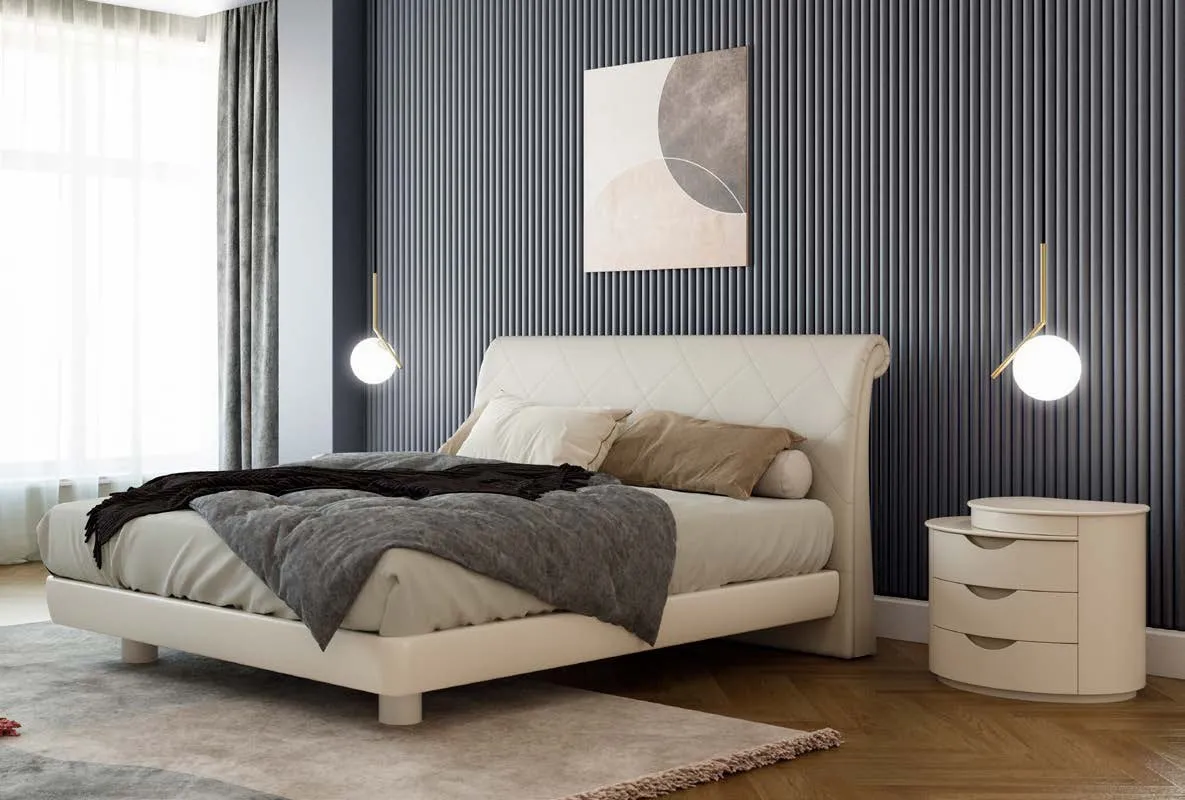 Letto Marilyn Fazzini bianco con testata imbottita a riccio e comodino a tre cassetti