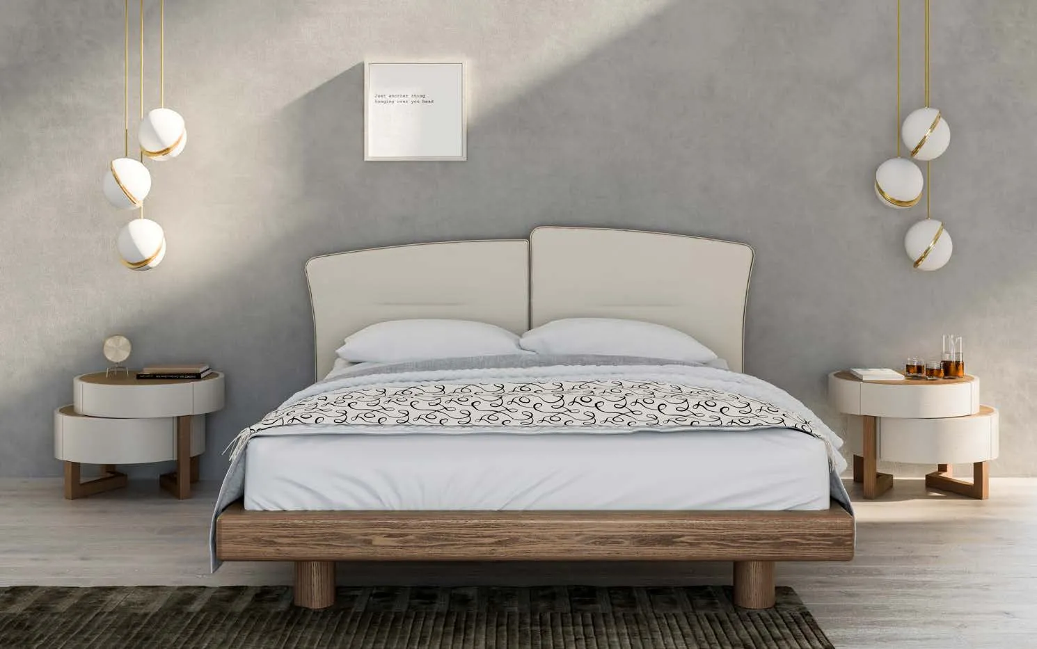Letto Eclisse Fazzini in frassino tabacco con testata in tessuto chiaro e due comodini Eclisse
