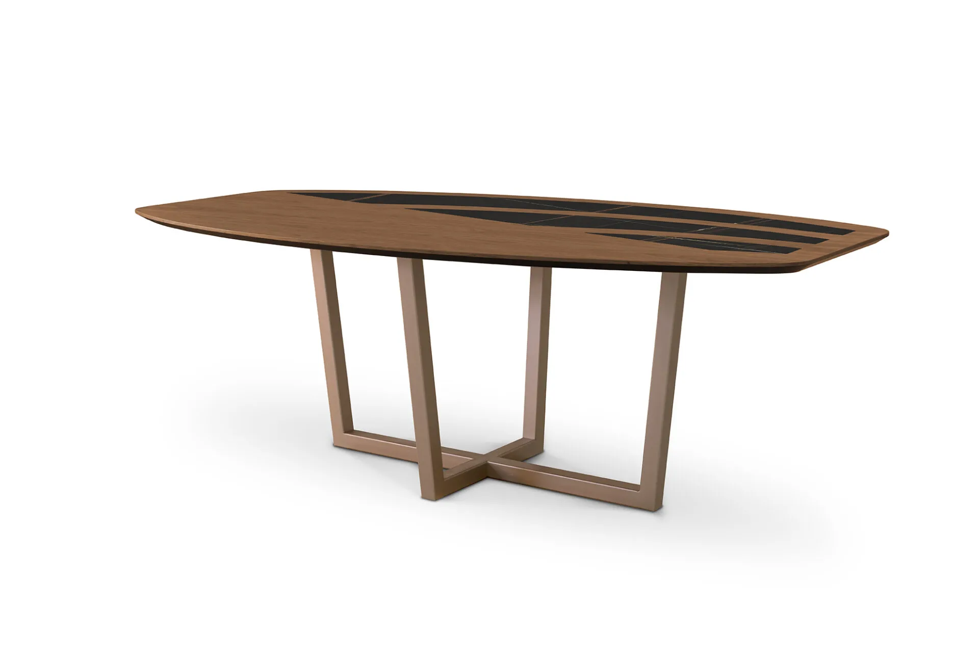 Tavolo Tosato 22.103 con piano in noce canaletto e inserti in gres scuro, base in metallo bronzo