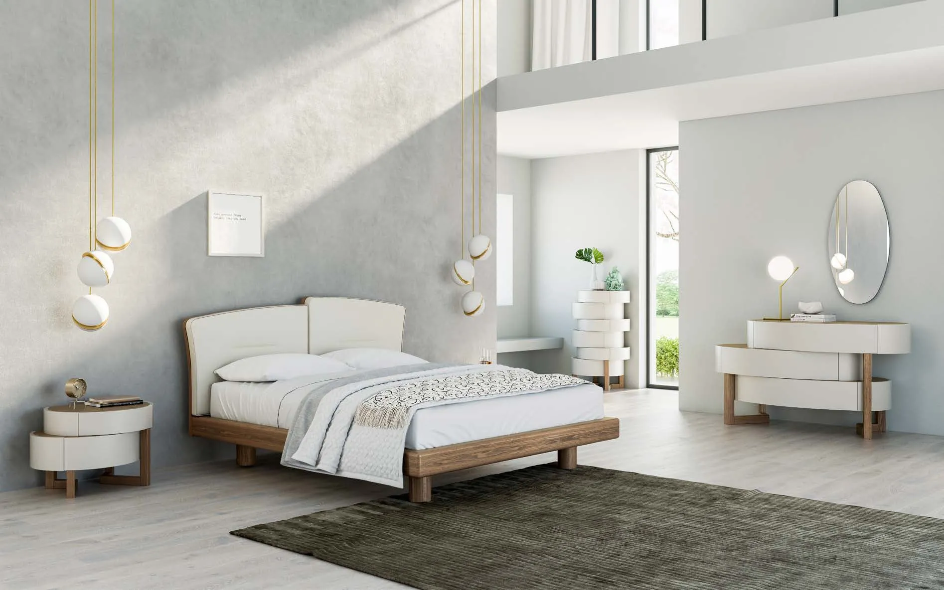 Camera con letto Eclisse Fazzini, cassettone e settimino ellittici in bianco e legno