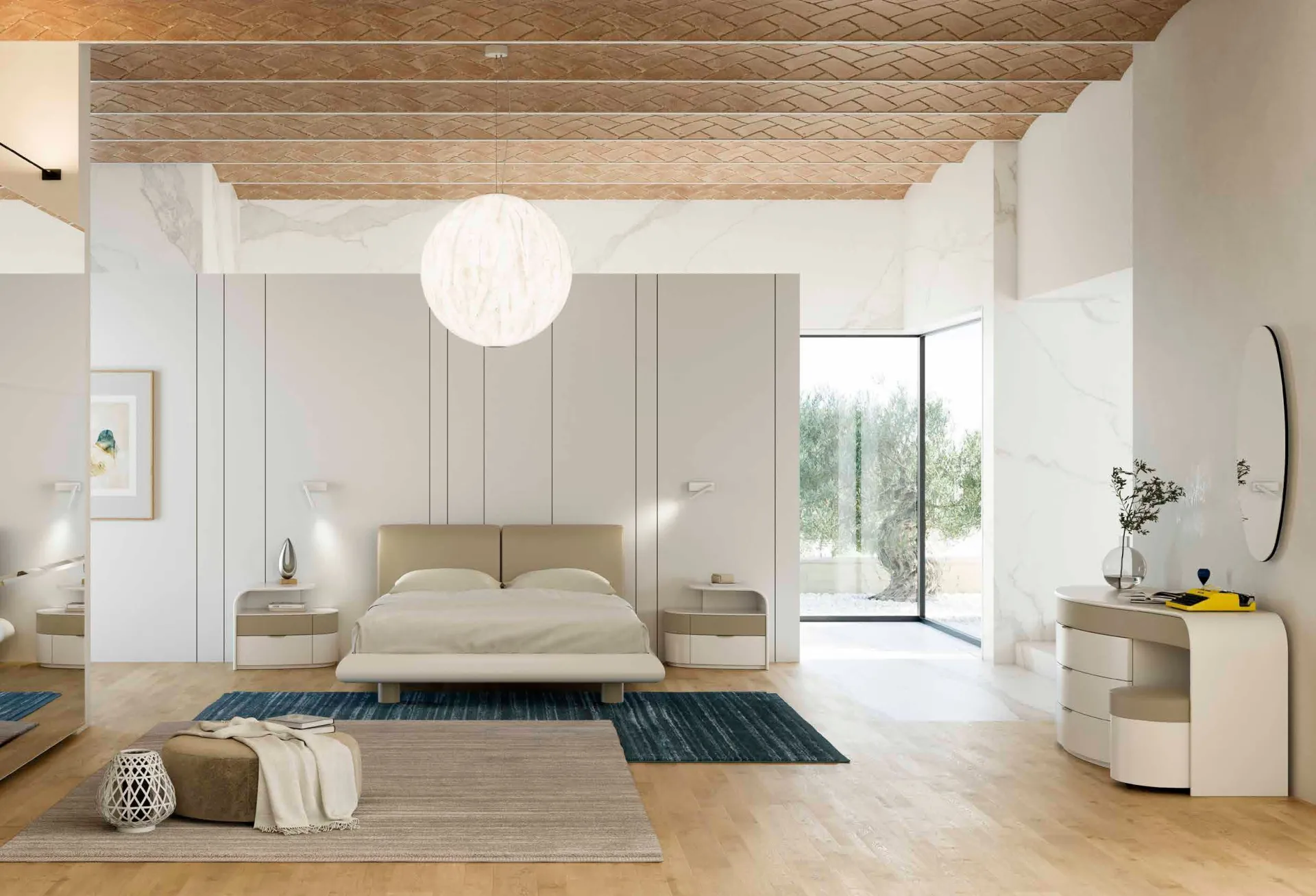 Camera con letto Ricordo Fazzini bianco e beige e contenitori Novecento Europeo