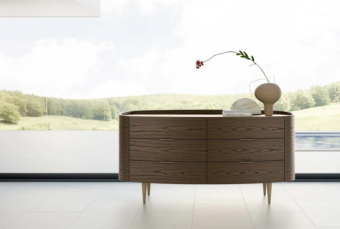 Cassettone Ginevra Fazzini in frassino sigaro con top e maniglie in pelle beige