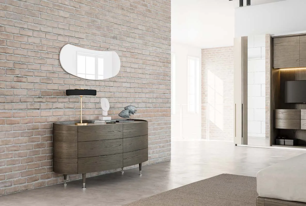 Cassettone Ginevra Luxury Fazzini in frassino titanio con piano canapa e specchiera Smile