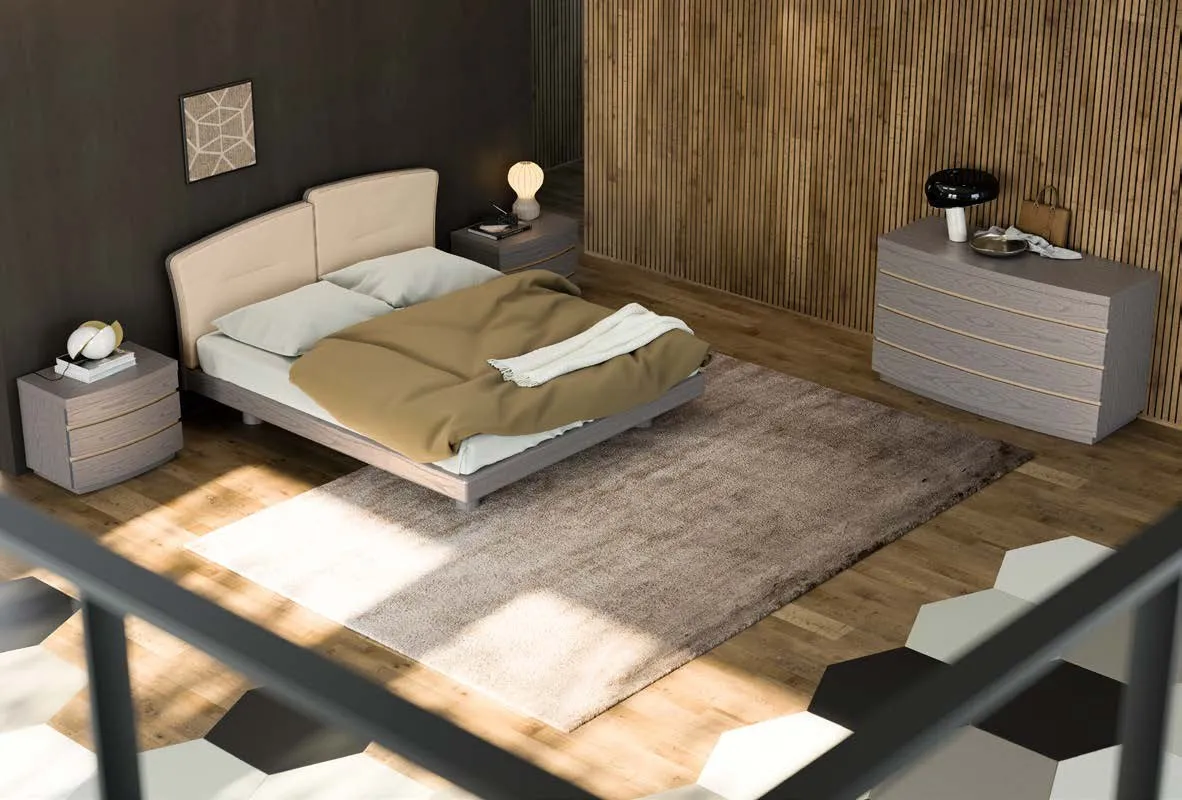 Cassettone Oriente Fazzini grigio polvere con inserti cream accanto al letto Insieme