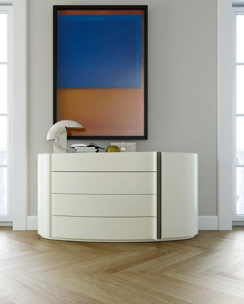 Cassettone Jacqueline Fazzini laccato bianco segnale con inserti light grey