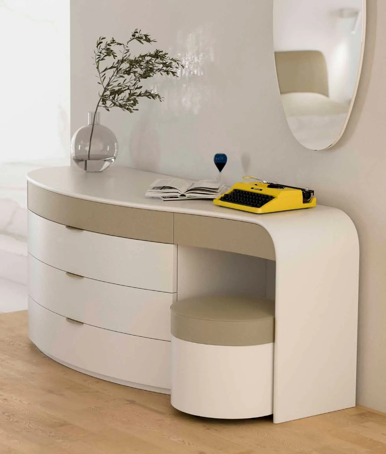 Comò Novecento Europeo Fazzini bianco con toletta, pouf beige e specchio ovale