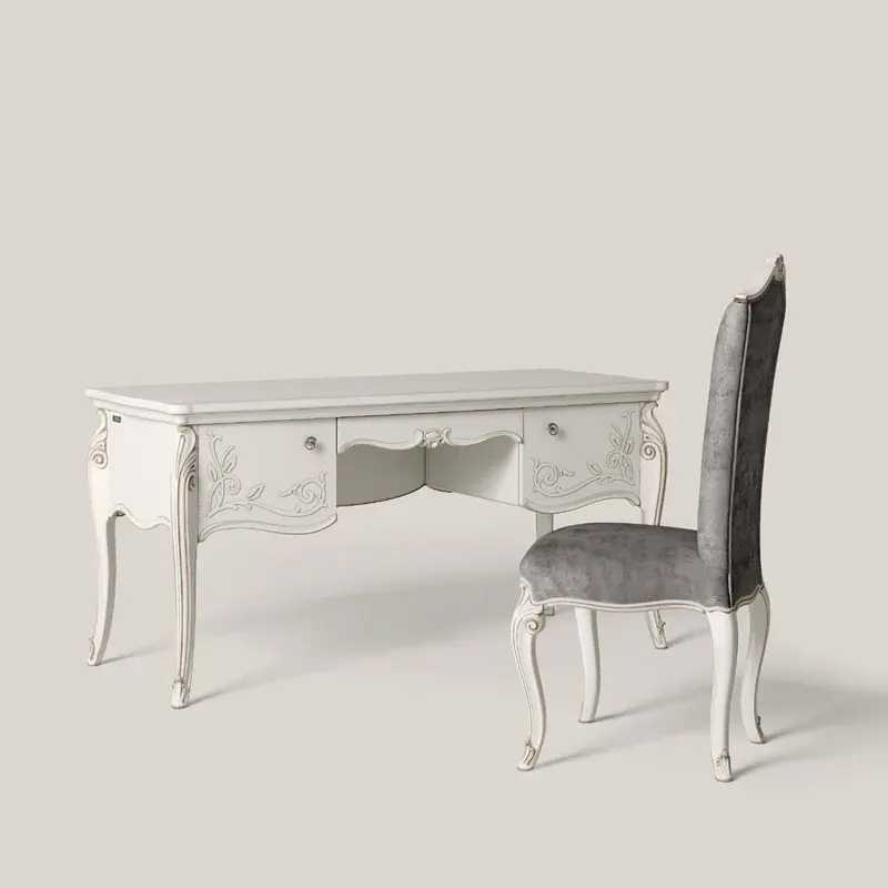 Scrittoio toilette Opera Francesco Pasi laccato bianco con decori e sedia imbottita, fondo grigio