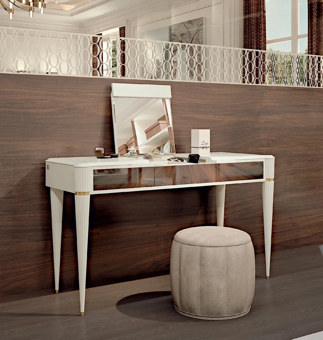 Toilet Ellipse Francesco Pasi chiara con pouf davanti a una parete in legno